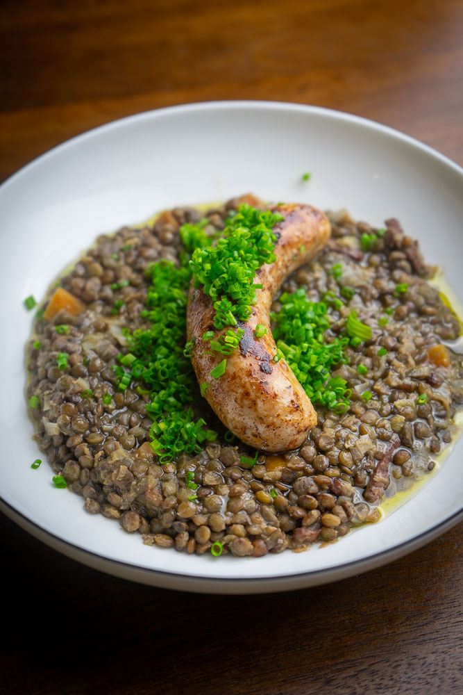 French lentil recipe stew with sausages