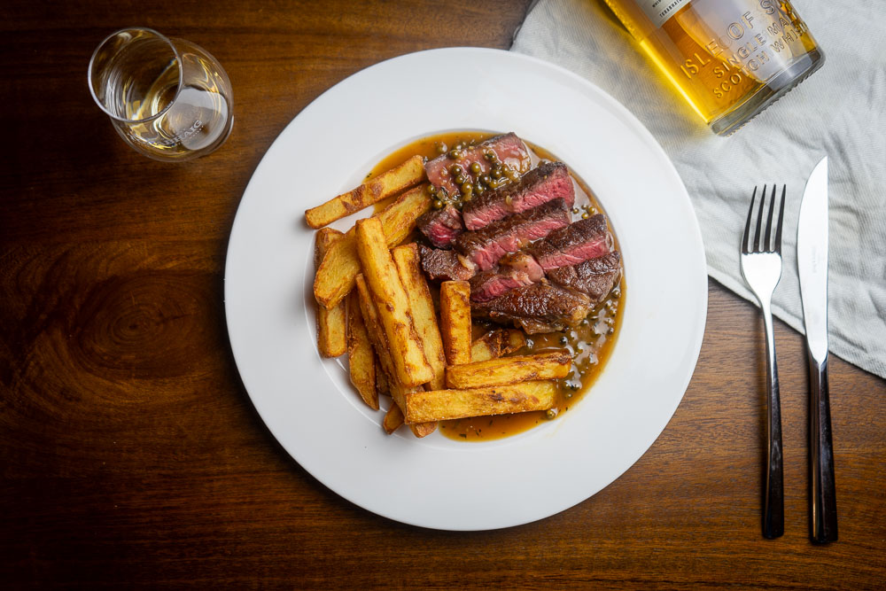 steak whisky peppercorn sauce triple cooked chips